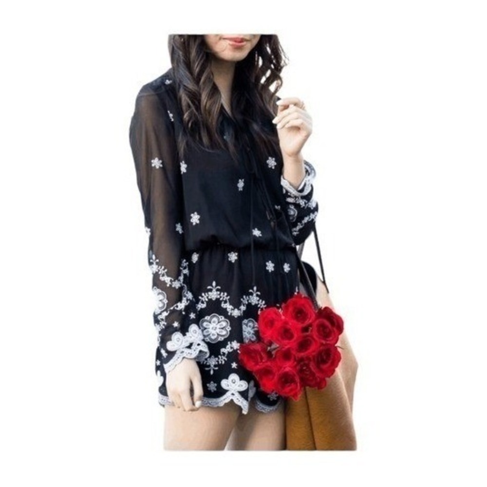 WAYF Embroidered Floral Romper Black White Lace Up Long Sleeve Sheer Lined XS